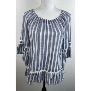 Retrology Blue White Striped Blouse Lightweight Ruffle Lace Half Sleeve Size M
